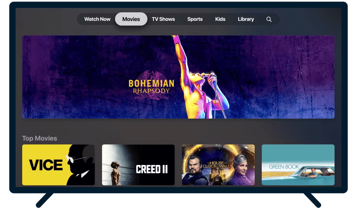 Interfejs Apple TV+ na telewizorze i konsola Apple TV.