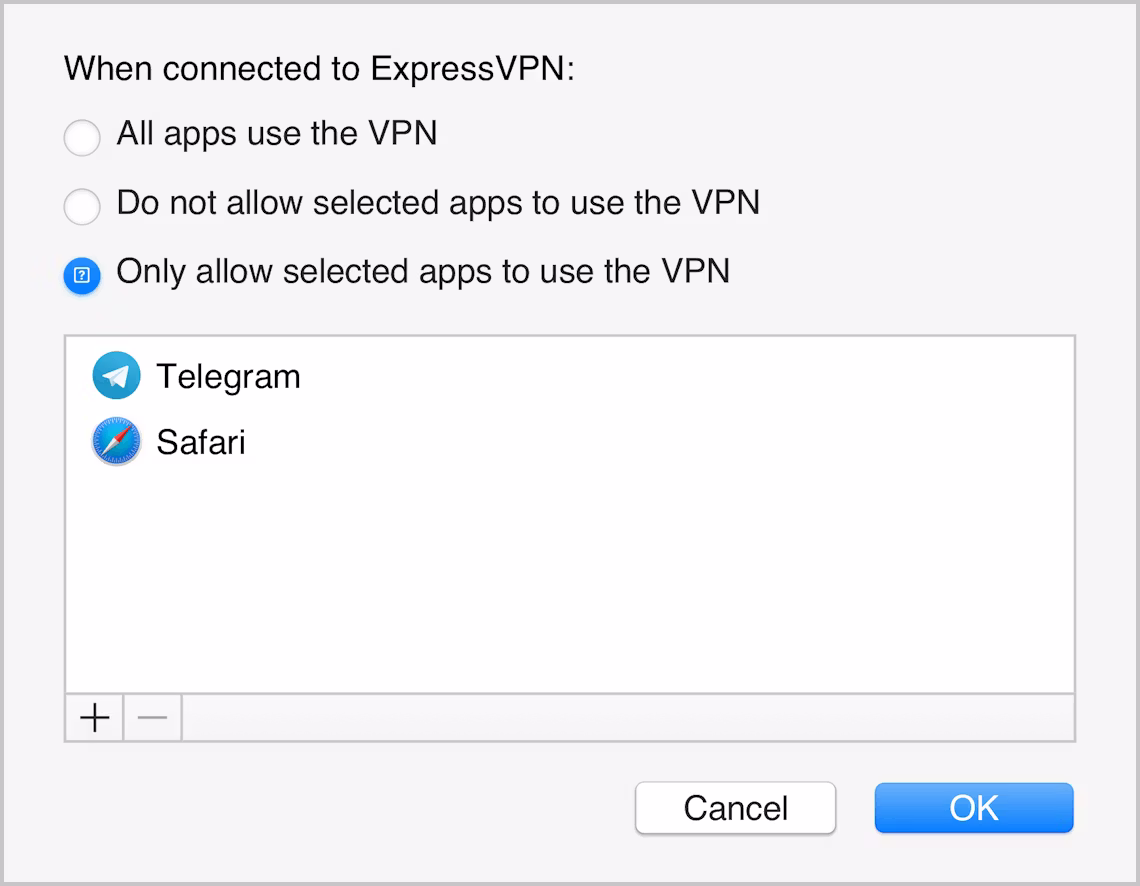 ExpressVPN-appen for Mac-grensesnitt, som bare viser utvalgte apper som er beskyttet av VPN.